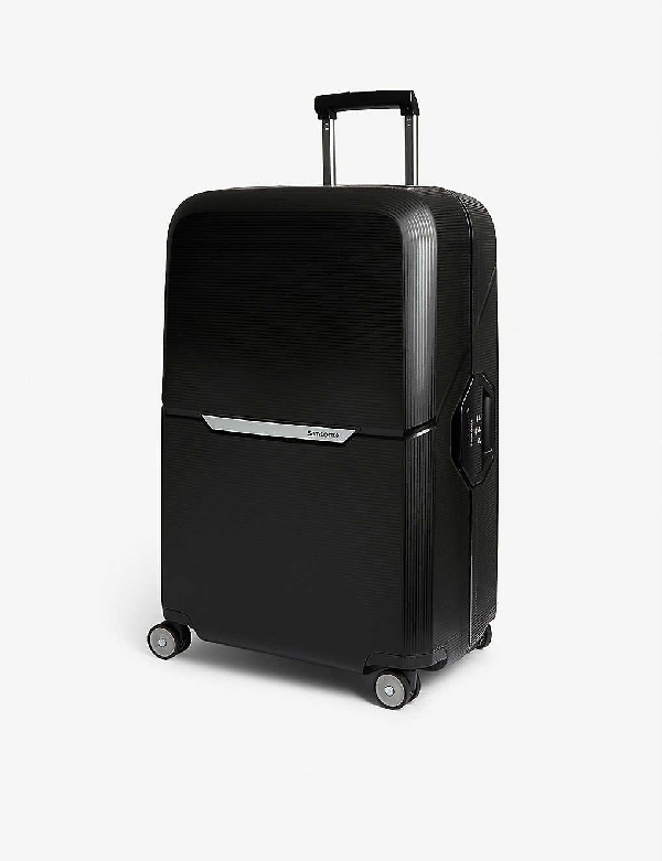 black four wheel suitcase