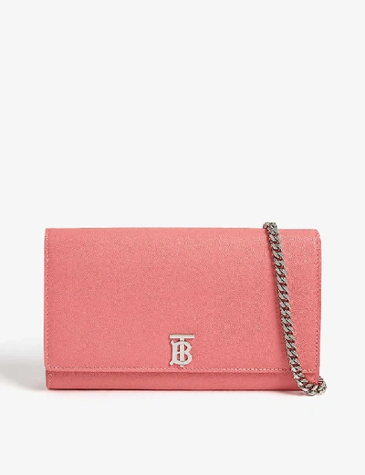 Shop Burberry Hannah Tb Leather Wallet-on-chain In Candy Floss / Silver