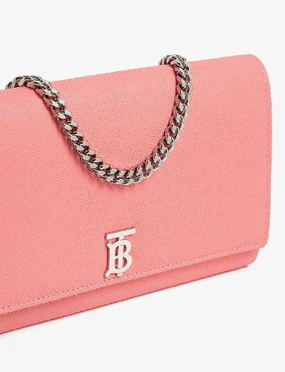 Shop Burberry Hannah Tb Leather Wallet-on-chain In Candy Floss / Silver