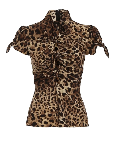 Shop Dolce & Gabbana Leo Printed Silk Blouse With Bows In Brown