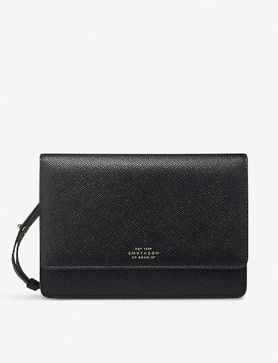 Shop Smythson Panama Cross-grained Leather Purse With Strap In Black