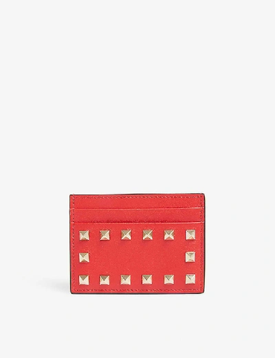 Shop Valentino Rockstud Leather Cardholder In Rouge Pur