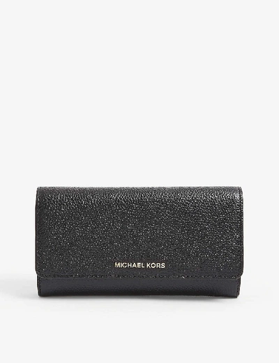 Shop Michael Michael Kors Jet Set Tri-fold Leather Wallet In Black