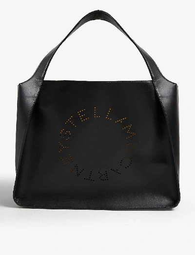 Shop Stella Mccartney Womens Black Circle Perforated-logo Small Faux-leather Tote Bag