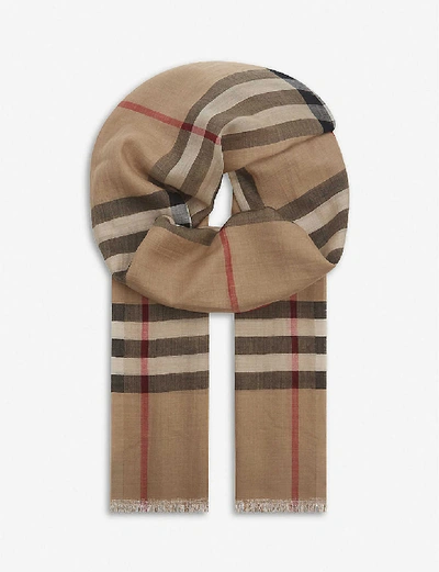 Shop Burberry Giant Check Wool And Silk-blend Scarf In Camel Check