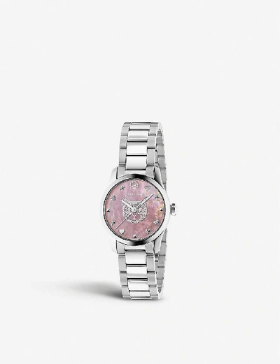 Shop Gucci Women's Pink Ya1265013 G-timeless Stainless Steel And Mother-of-pearl Watch