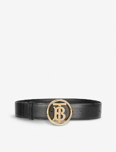 Shop Burberry Monogram Buckle Leather Belt In Black/gold