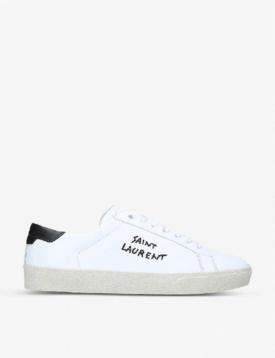 Shop Saint Laurent Women's White/blk Court Classic Brand-embroidered Leather Low-top Trainers