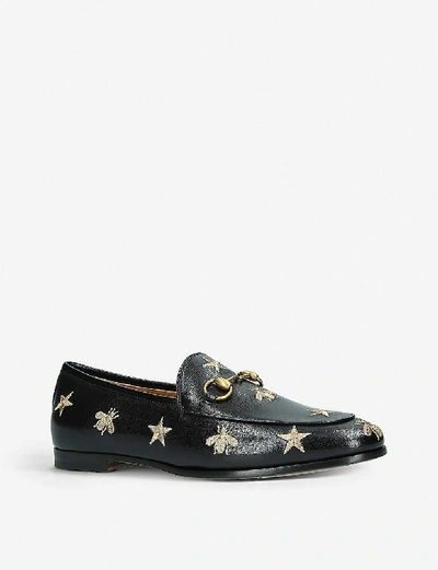 Shop Gucci Womens Blk/other Jordaan Embroidered Leather Loafers 2