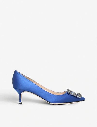 Shop Manolo Blahnik Hangisi 50 Swarovski Crystal-embellished Satin Courts In Blue