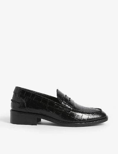 Shop Maje Croc-embossed Leather Loafers In Black