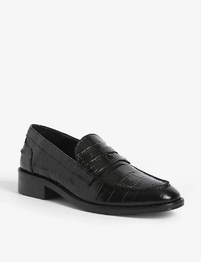 Shop Maje Croc-embossed Leather Loafers In Black