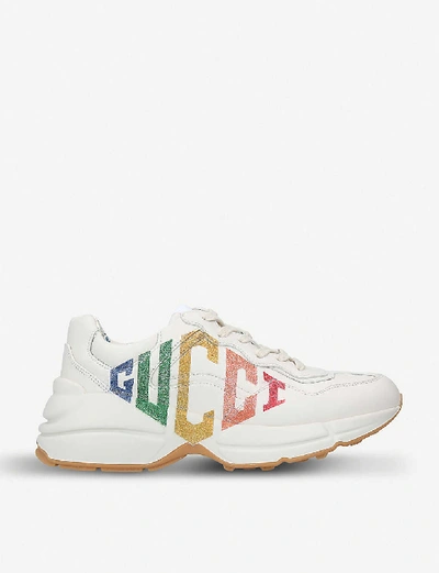 Shop Gucci Women's White Women's Rhyton Logo Leather Trainers