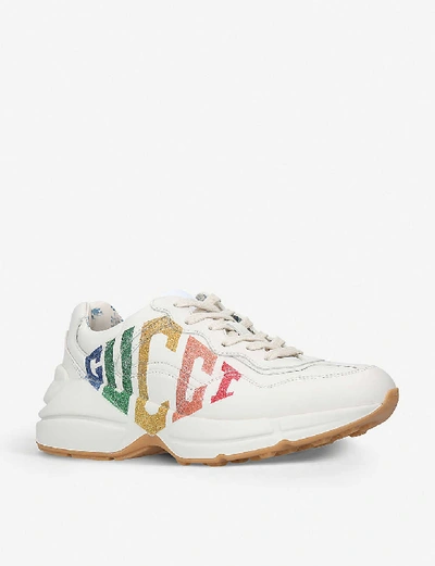 Shop Gucci Women's White Women's Rhyton Logo Leather Trainers