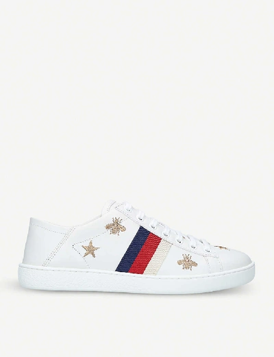 Shop Gucci New Ace Bee-embroidered Leather Trainers In White/oth
