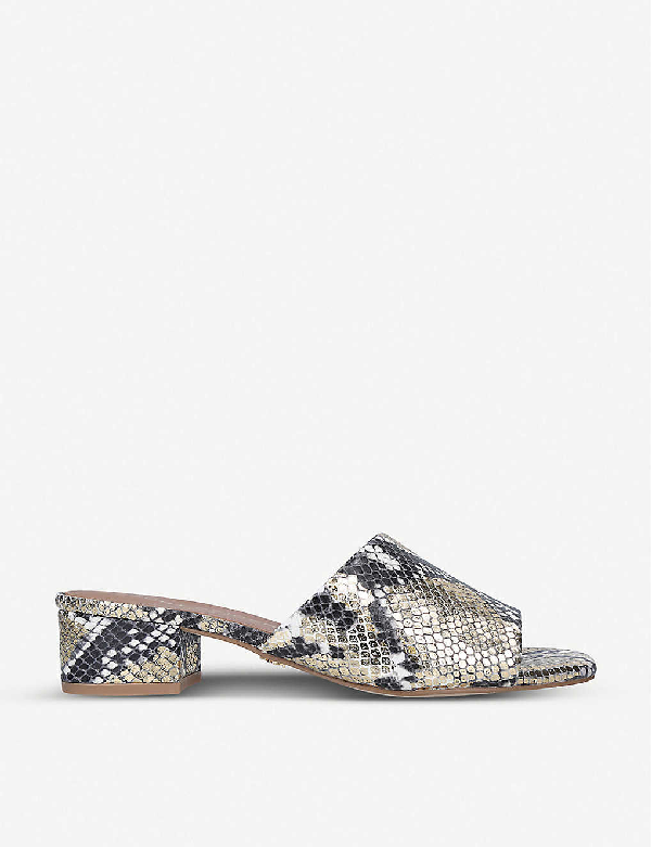 snakeskin heeled mules