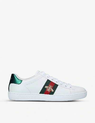 Shop Gucci New Ace Bee-embroidered Leather Low-top Trainers In White/oth