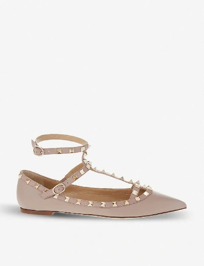 Shop Valentino Womens Nude Rockstud Leather Pointed Toe Flats 4.5