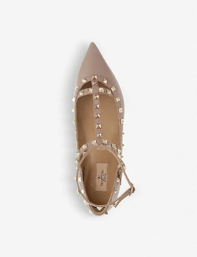 Shop Valentino Womens Nude Rockstud Leather Pointed Toe Flats 4.5