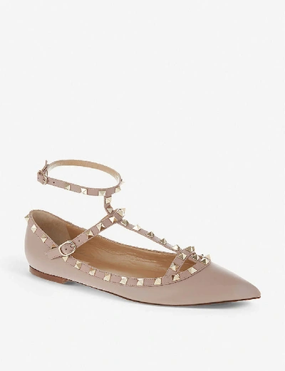 Shop Valentino Womens Nude Rockstud Leather Pointed Toe Flats 4.5