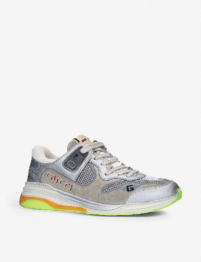 Shop Gucci G-line Leather Panel Trainers In Silver Com