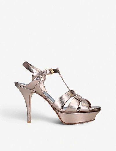 Shop Saint Laurent Tribute 75 Metallic-leather Platform Sandals In Pink Comb