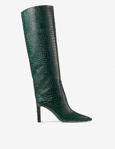 Shop Jimmy Choo Mavis 85 Croc-embossed Leather Knee-high Boots In Dark+green