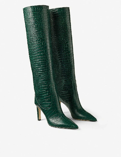 Shop Jimmy Choo Mavis 85 Croc-embossed Leather Knee-high Boots In Dark+green