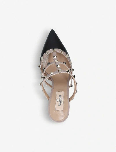 Shop Valentino Rockstud Leather Heeled Mules In Blk/beige