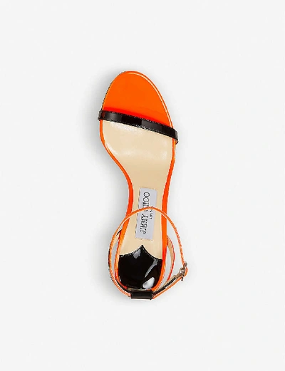 Shop Jimmy Choo Minny 85 Patent Leather Sandals In Black/neon+orange