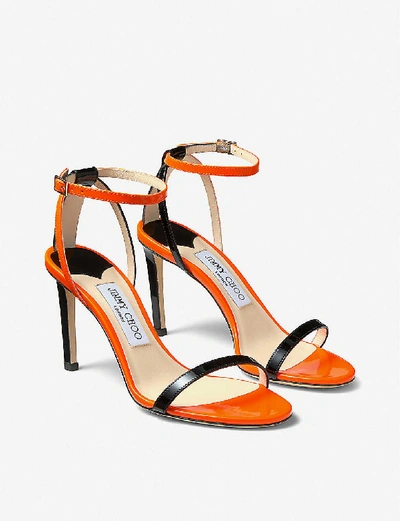 Shop Jimmy Choo Minny 85 Patent Leather Sandals In Black/neon+orange