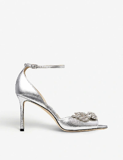 Shop Jimmy Choo Tris 85 Metallic And Crystal-embellished Leather Courts In Silver/crystal