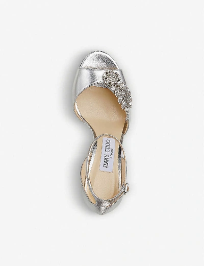 Shop Jimmy Choo Tris 85 Metallic And Crystal-embellished Leather Courts In Silver/crystal