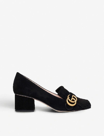 Shop Gucci Marmont Fringed Suede Loafers In Black