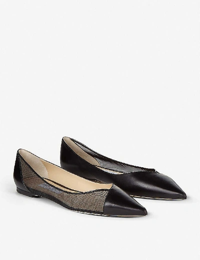 Shop Jimmy Choo Saia Pointed-toe Mesh-panelled Leather Flats In Black/black