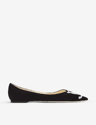 Shop Jimmy Choo Love Logo-embroidered Suede Pointed-toe Flats