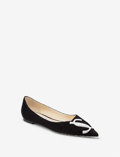 Shop Jimmy Choo Love Logo-embroidered Suede Pointed-toe Flats