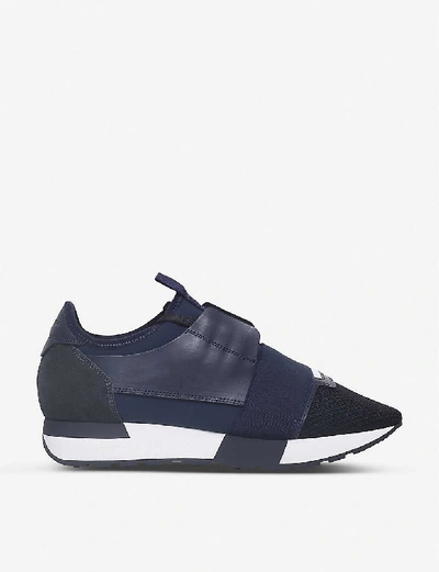 Shop Balenciaga Women's Race Runners Mesh, Leather And Knitted Low-top Trainers In Navy