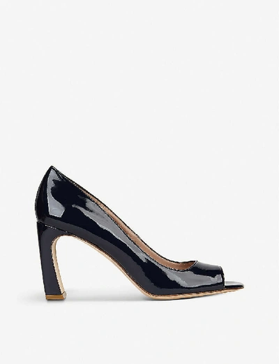 Shop Lk Bennett Harper Patent-leather Peep-toe Courts In Blu-navy