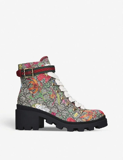 Shop Gucci Trip Floral-print Leather Ankle Boots In Blk/beige