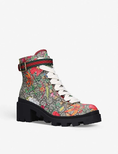 Shop Gucci Trip Floral-print Leather Ankle Boots In Blk/beige