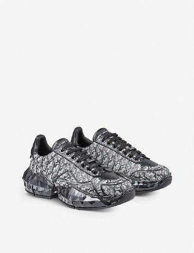 Shop Jimmy Choo Diamond F Monogrammed Metallic-leather Trainers In Silver/black