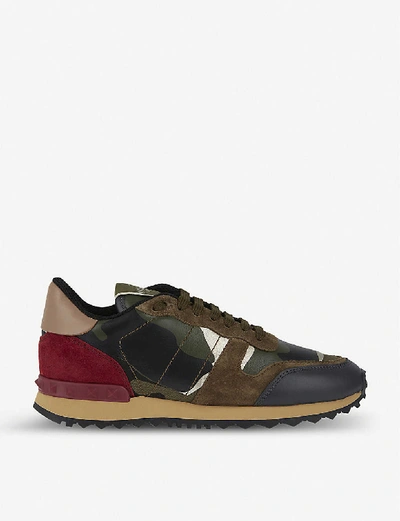 Shop Valentino Camouflage-print Leather Trainers In Khaki