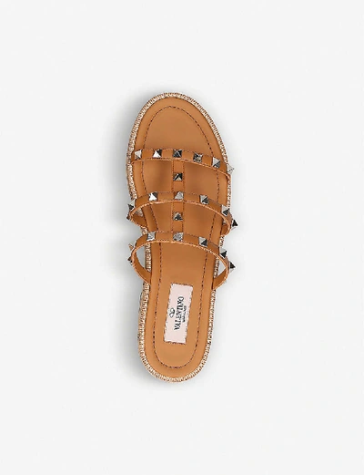 Shop Valentino Rockstud Leather And Cork Platform Sandals In Tan