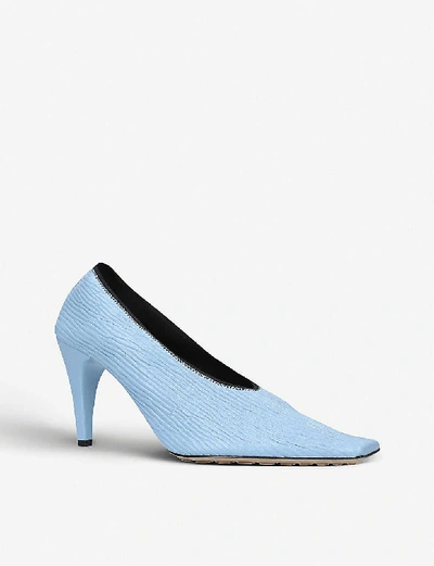 Shop Bottega Veneta Womens Pale Blue Square-toe Textured-leather Courts 5