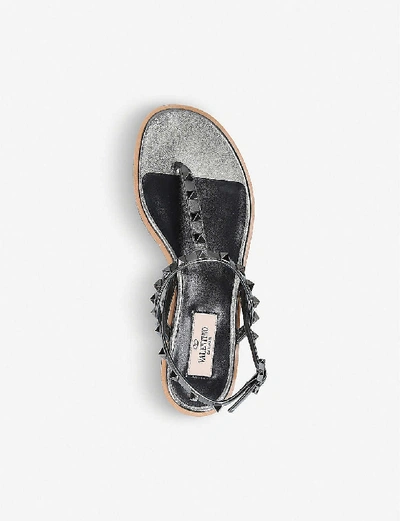 Shop Valentino Rockstud Leather Flat Sandals In Gunmetal