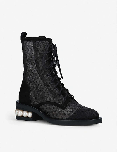 Shop Nicholas Kirkwood Casati Pearl-embellished Mesh Boots In Black