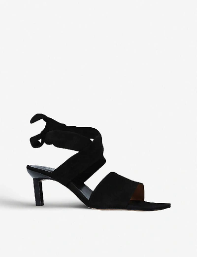 Shop Ganni Tie-up Croc-embossed Leather Heeled Sandals In Black