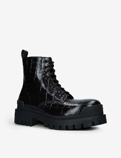 Shop Balenciaga Strike Croc-embossed Leather Platform Ankle Boots In Black