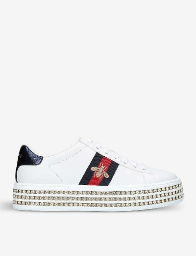 Shop Gucci Womens White Women's New Ace Crystal Bee-embroidered Leather Trainers 4